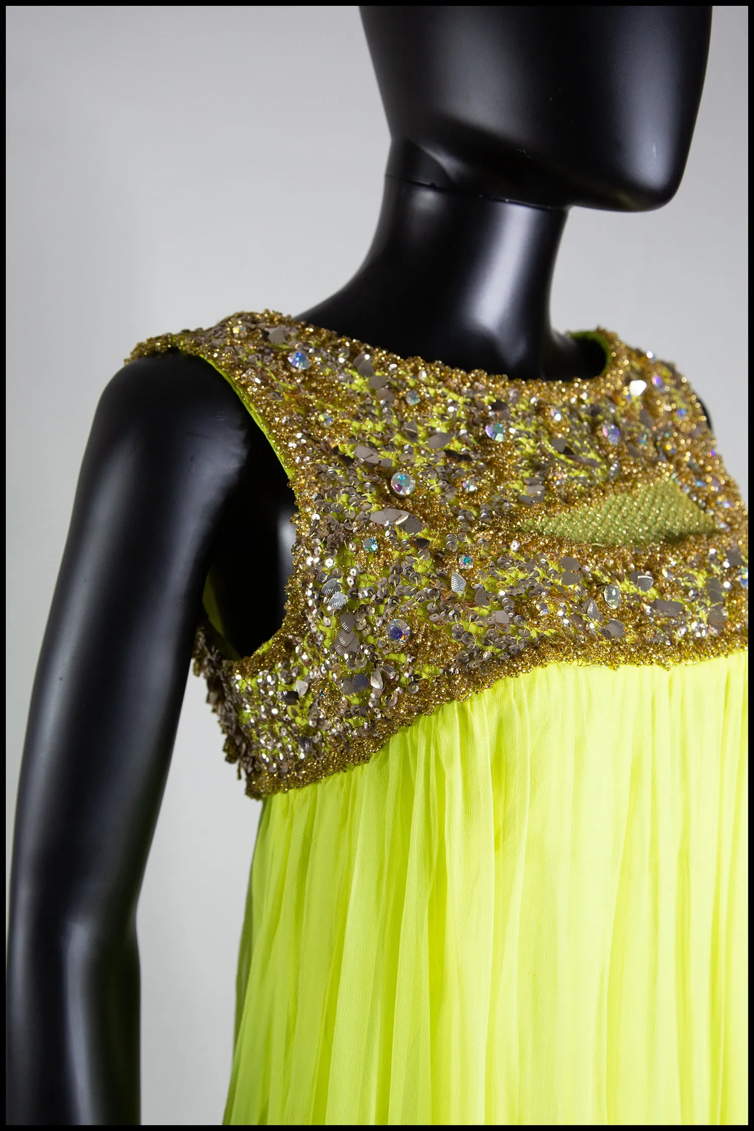 Vintage 1960s Neon Yellow Chiffon Beaded Dress