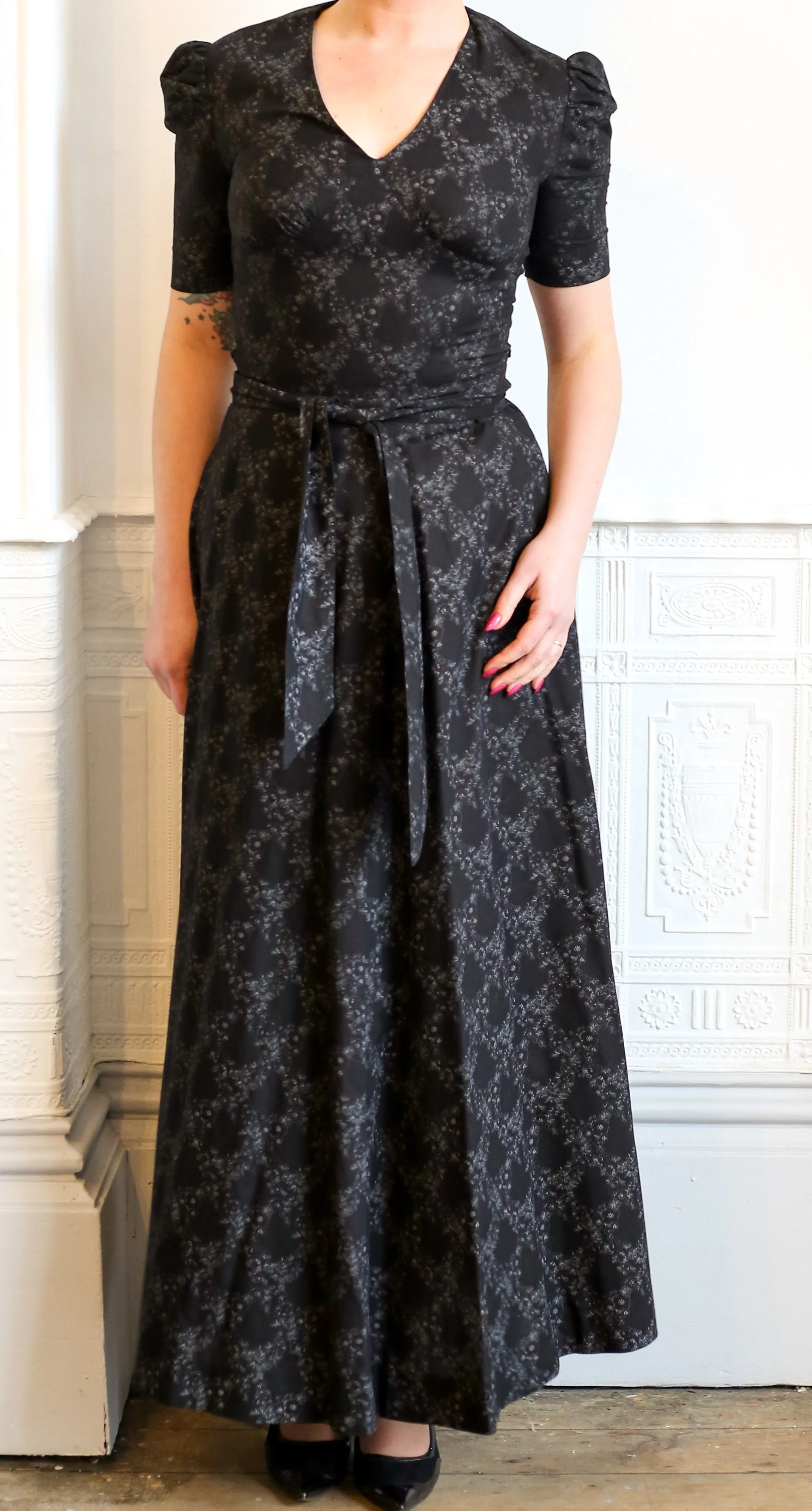 Vintage 1970s Black Floral Cotton Maxi Dress