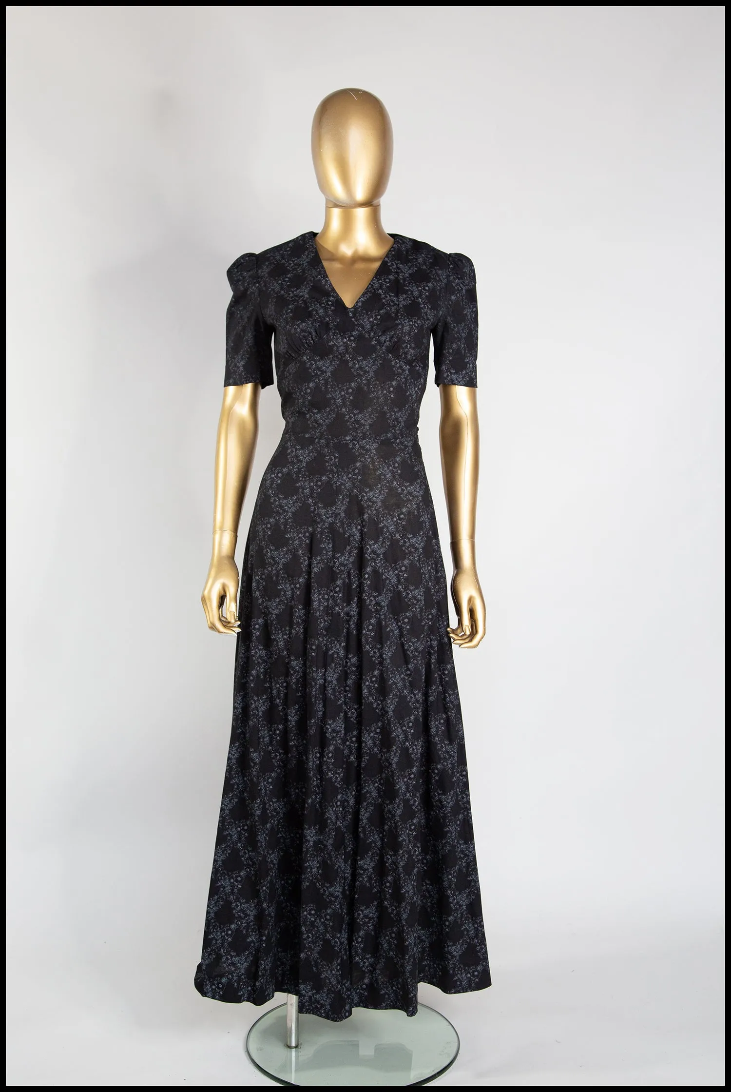 Vintage 1970s Black Floral Cotton Maxi Dress