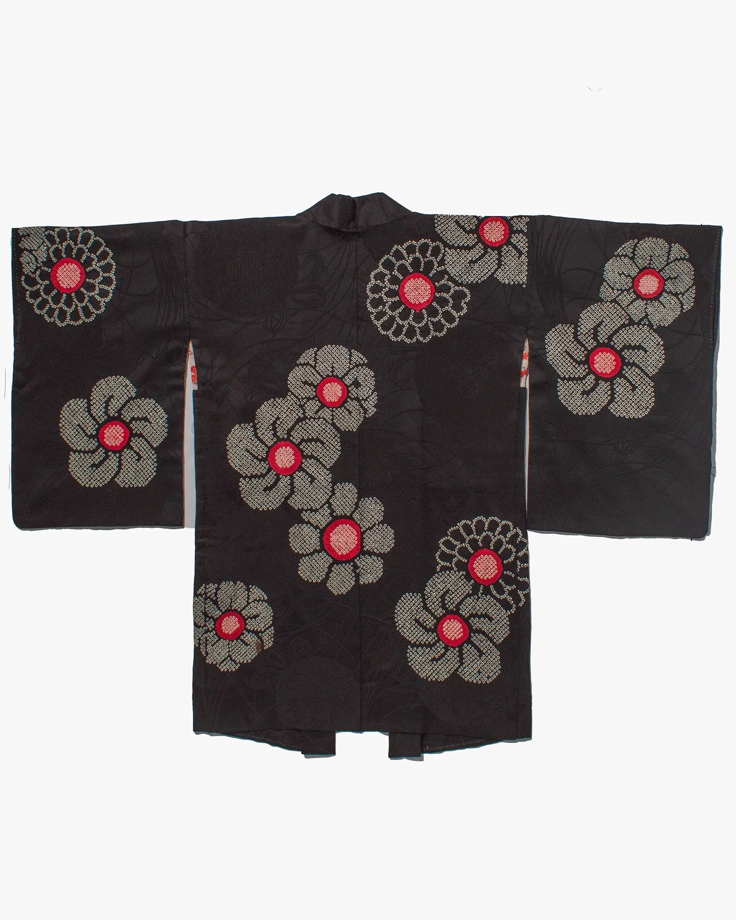 Vintage Haori Jacket, Partial Shibori, Black with White and Red Flowers