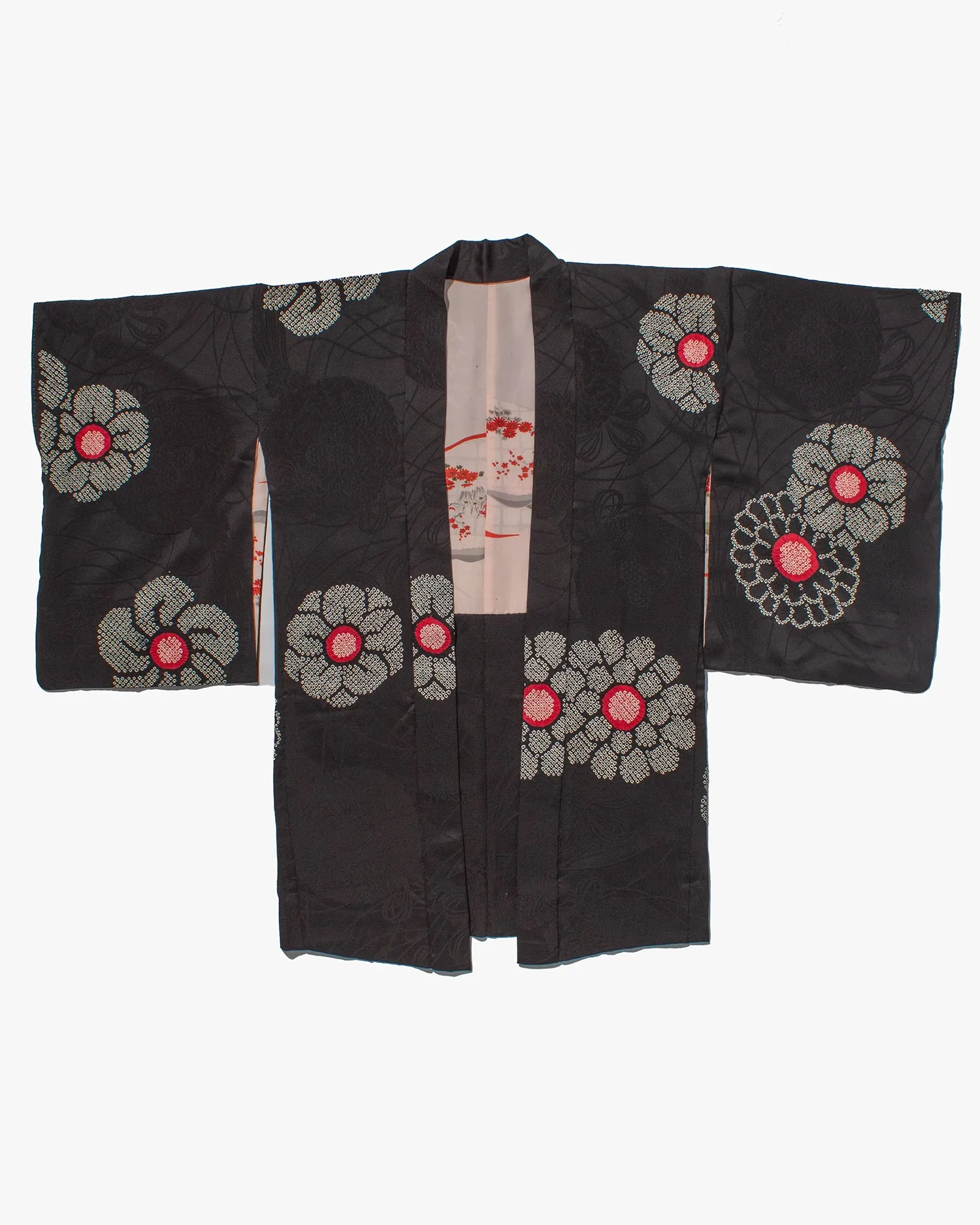 Vintage Haori Jacket, Partial Shibori, Black with White and Red Flowers