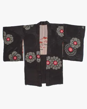 Vintage Haori Jacket, Partial Shibori, Black with White and Red Flowers