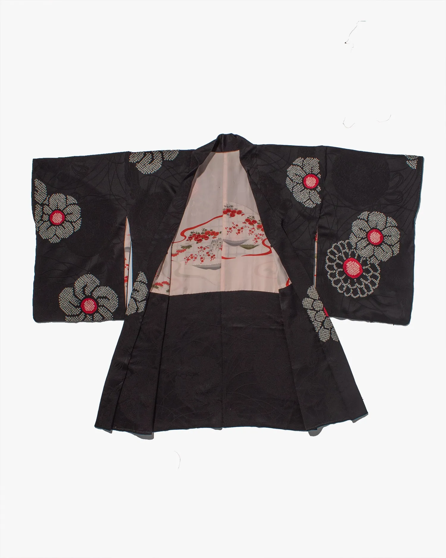 Vintage Haori Jacket, Partial Shibori, Black with White and Red Flowers