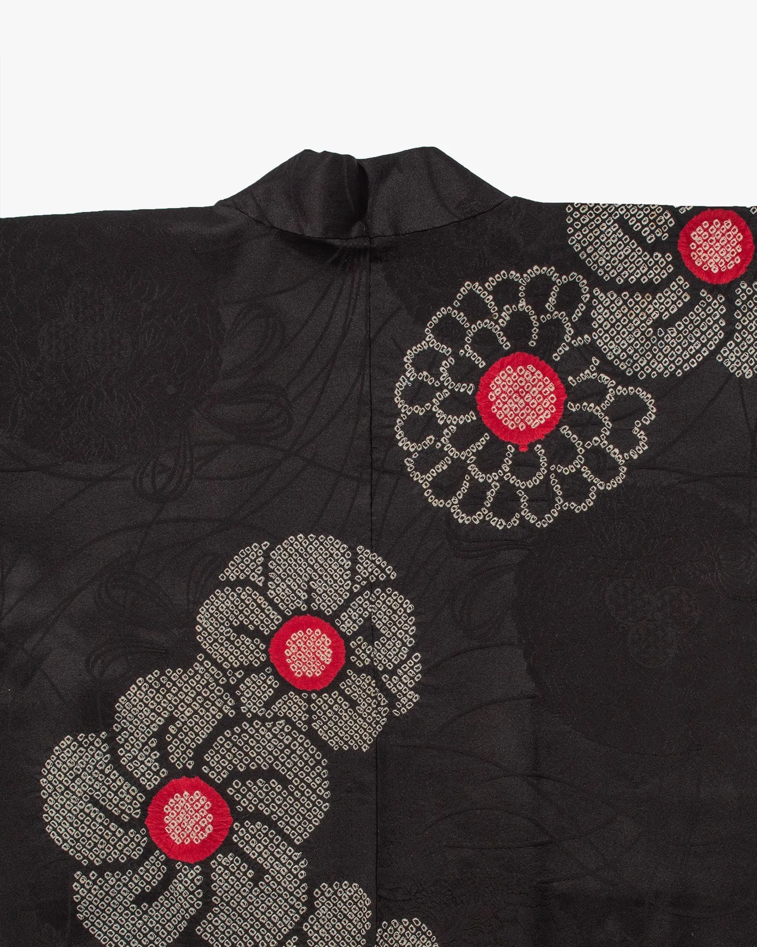 Vintage Haori Jacket, Partial Shibori, Black with White and Red Flowers