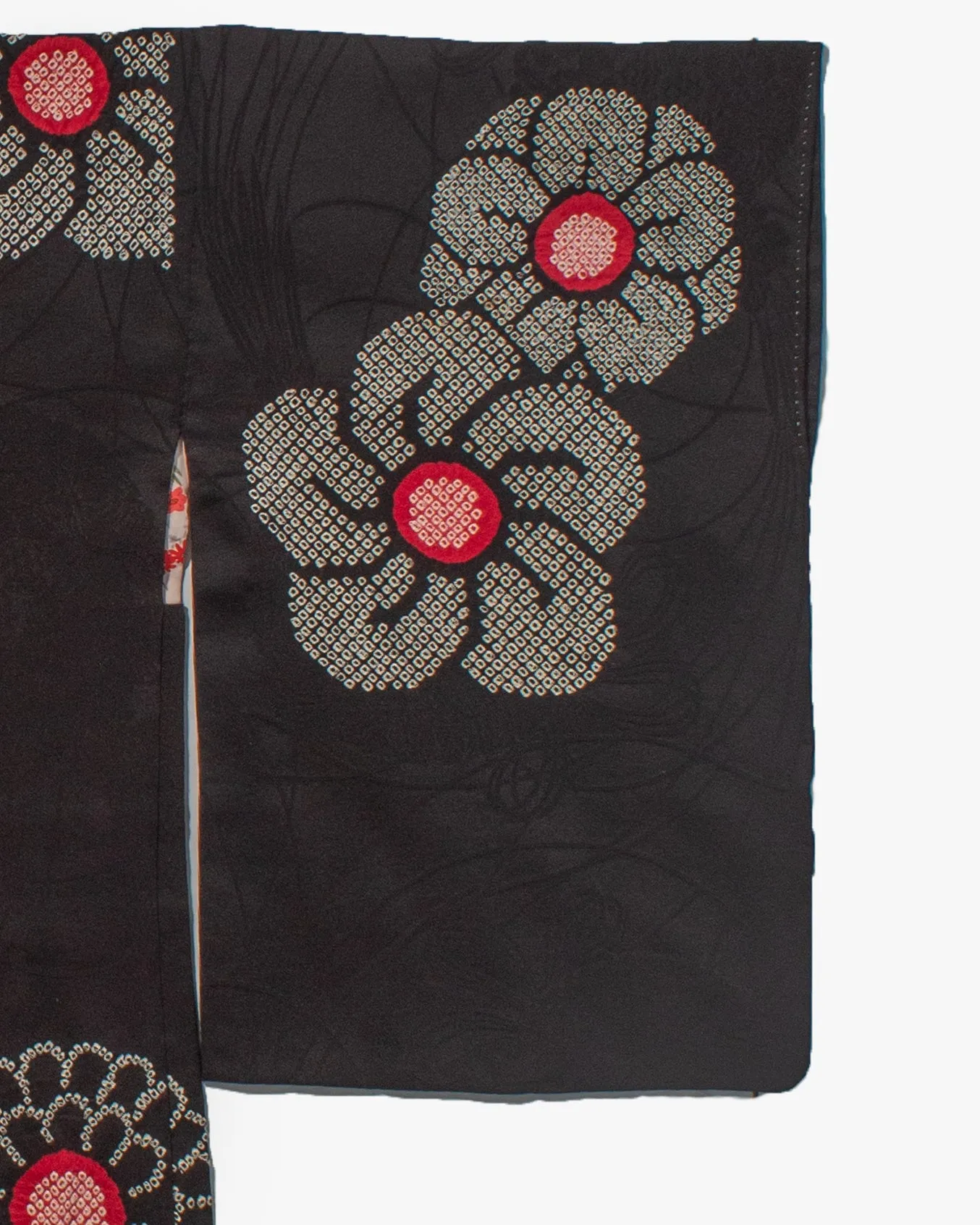 Vintage Haori Jacket, Partial Shibori, Black with White and Red Flowers