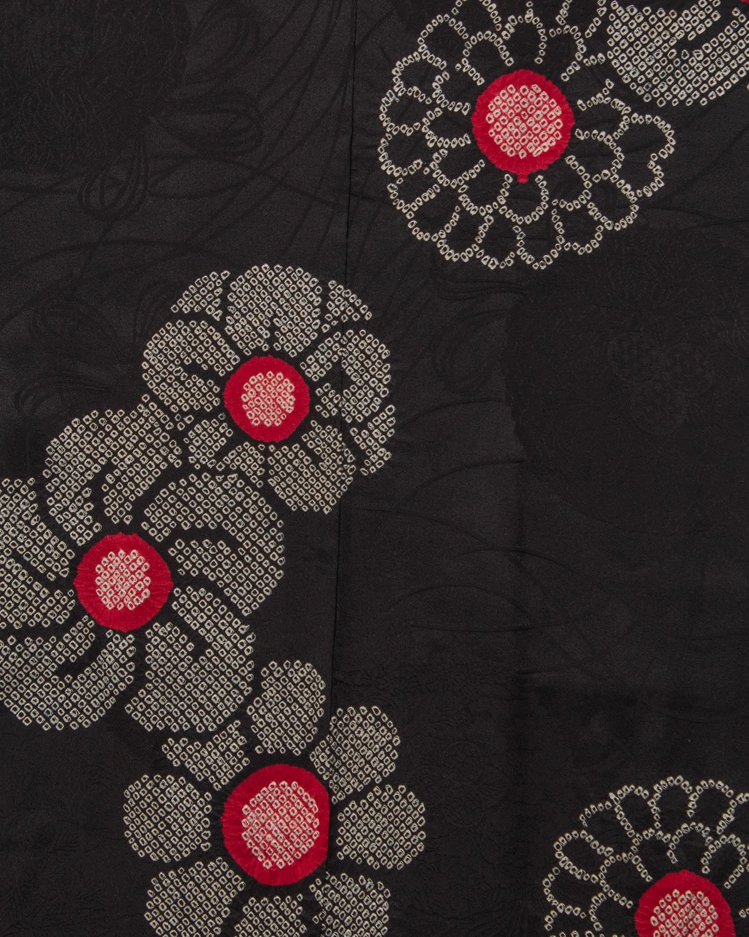 Vintage Haori Jacket, Partial Shibori, Black with White and Red Flowers