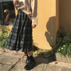 Vintage Wool Pleated Plaid Skirt Women High Waist Plus Size Long Skirt Autumn Winter Harajuku Female Party Skirt Streetwear