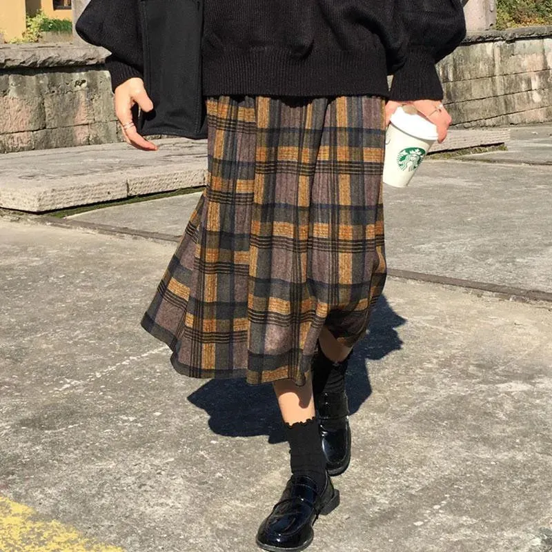 Vintage Wool Pleated Plaid Skirt Women High Waist Plus Size Long Skirt Autumn Winter Harajuku Female Party Skirt Streetwear