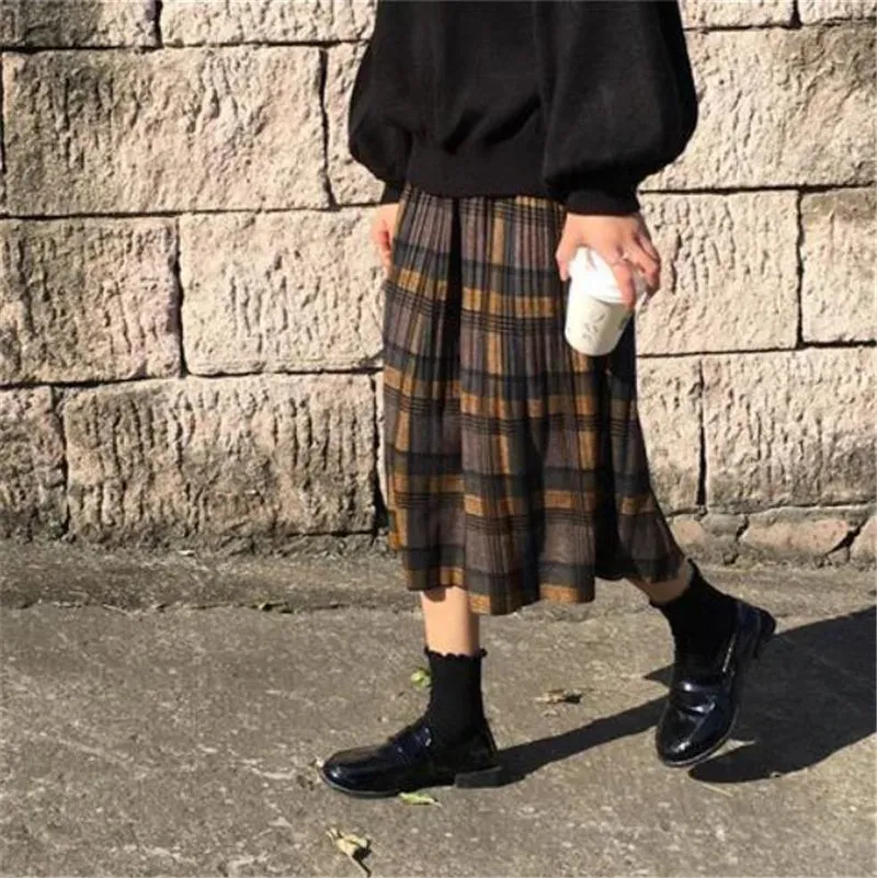 Vintage Wool Pleated Plaid Skirt Women High Waist Plus Size Long Skirt Autumn Winter Harajuku Female Party Skirt Streetwear