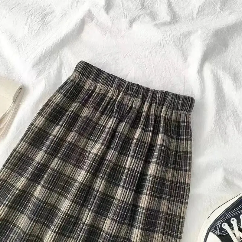 Vintage Wool Pleated Plaid Skirt Women High Waist Plus Size Long Skirt Autumn Winter Harajuku Female Party Skirt Streetwear