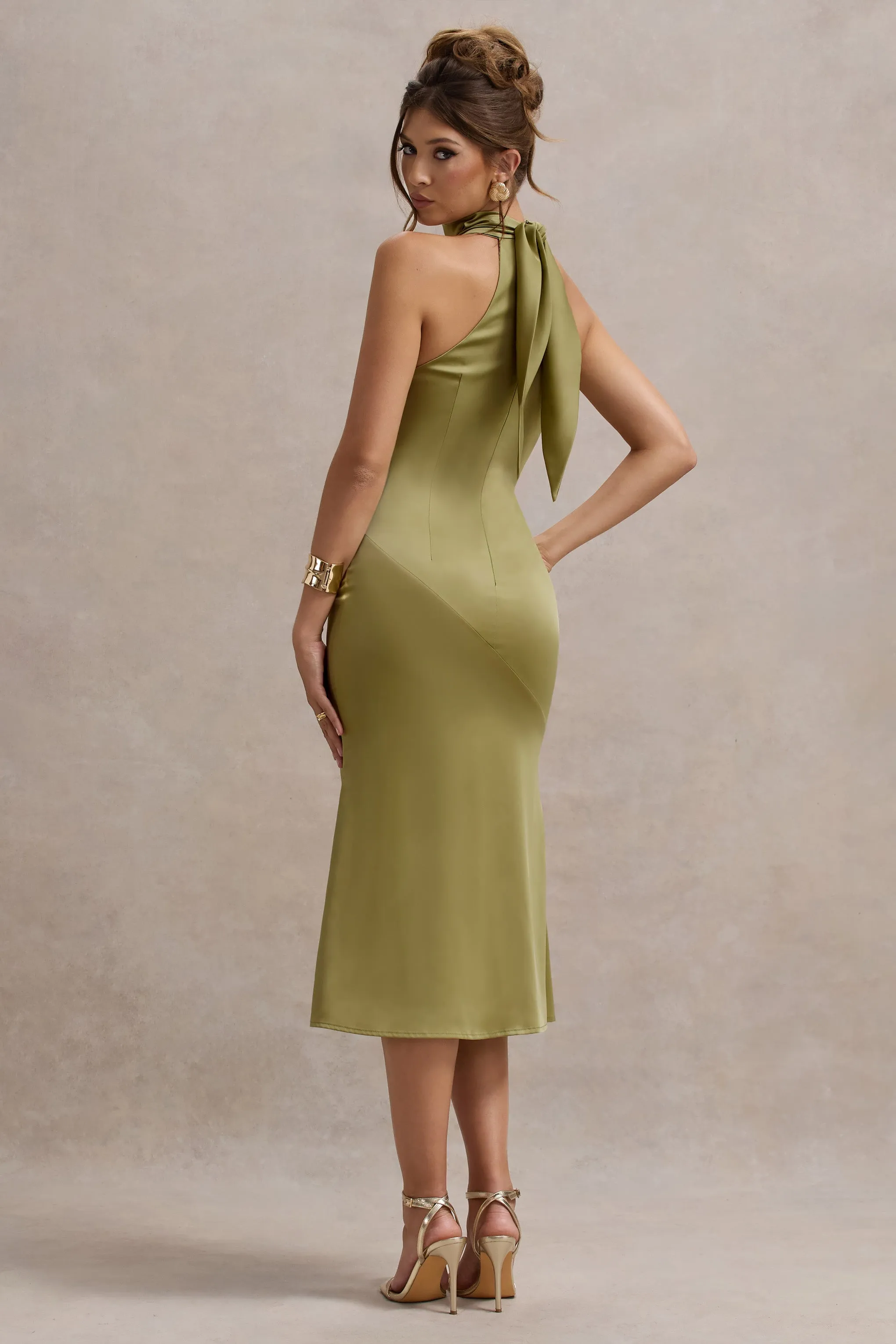 Violette | Olive Satin High-Neck Split Midi Dress