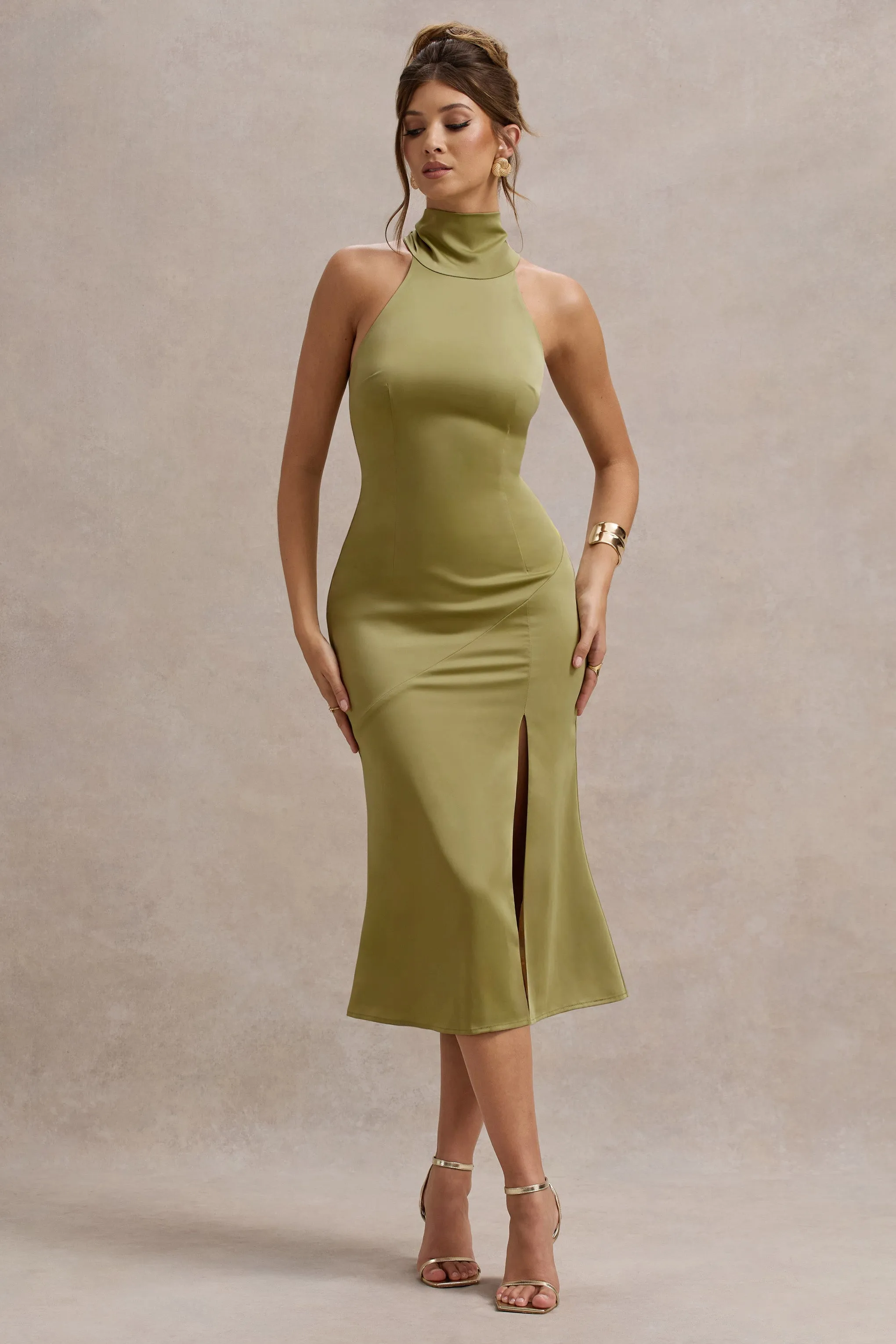 Violette | Olive Satin High-Neck Split Midi Dress