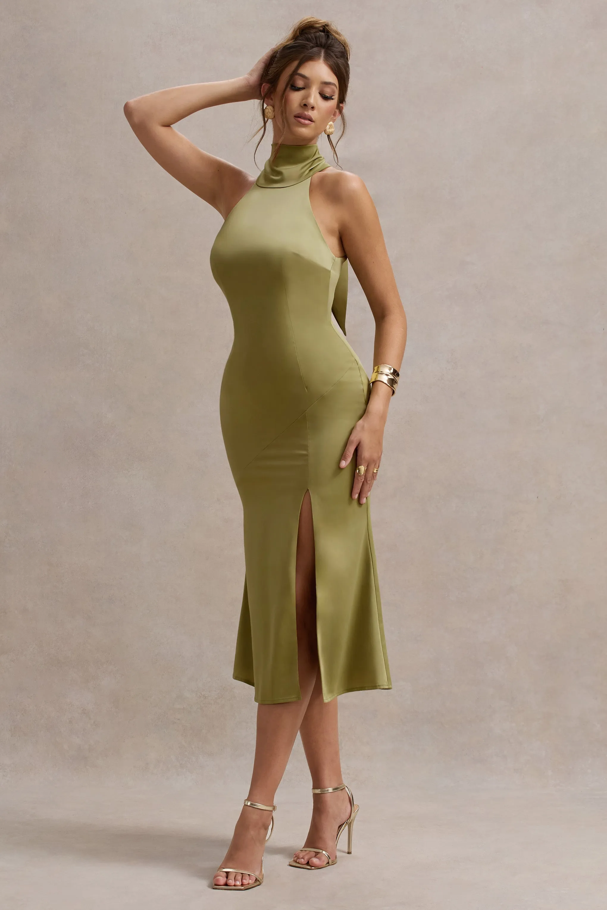 Violette | Olive Satin High-Neck Split Midi Dress