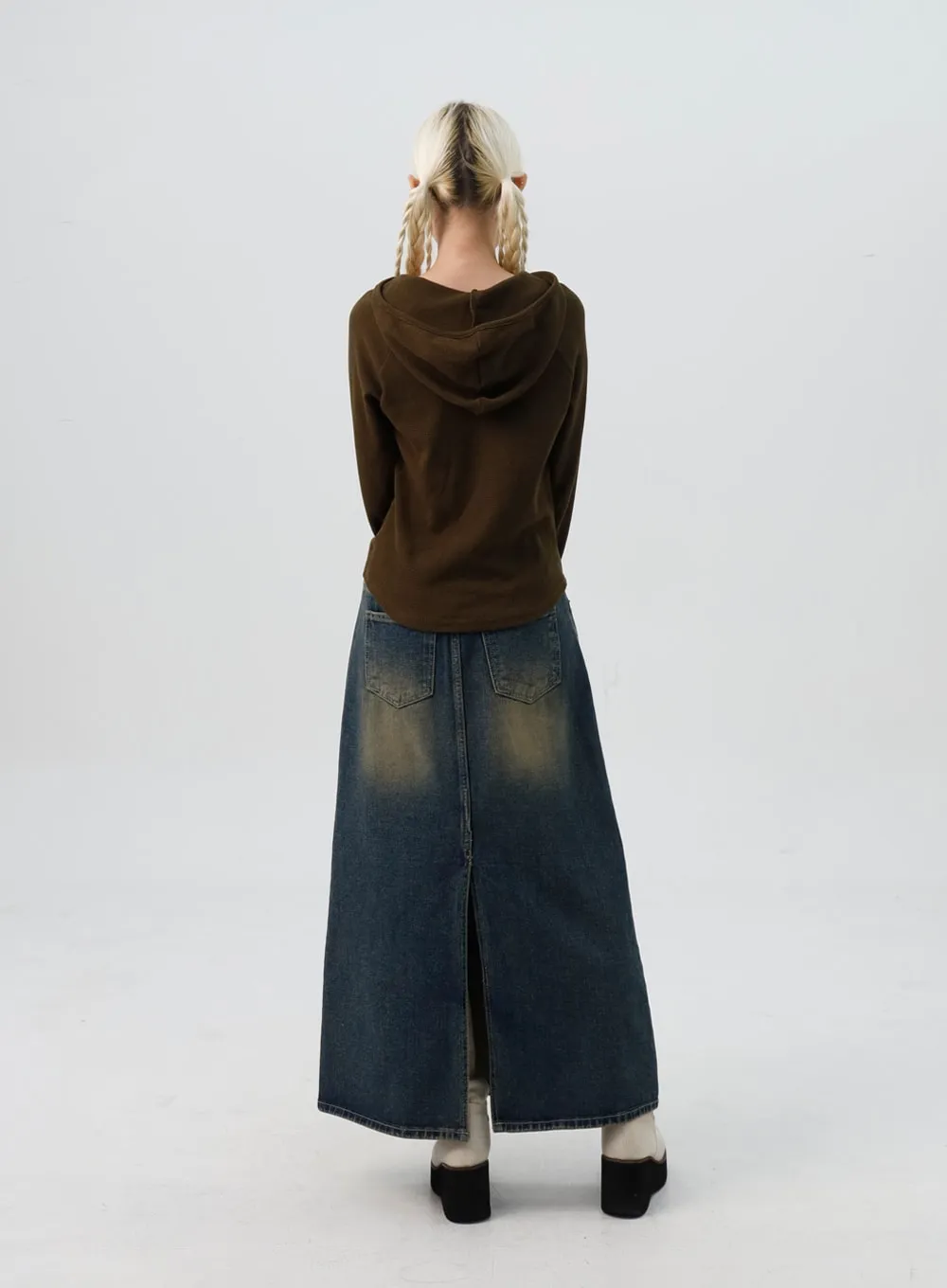 Washed Denim Maxi Flair Skirt IS307