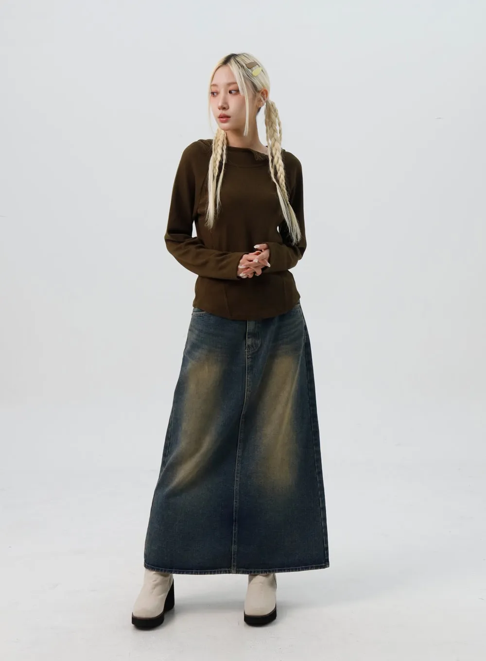 Washed Denim Maxi Flair Skirt IS307