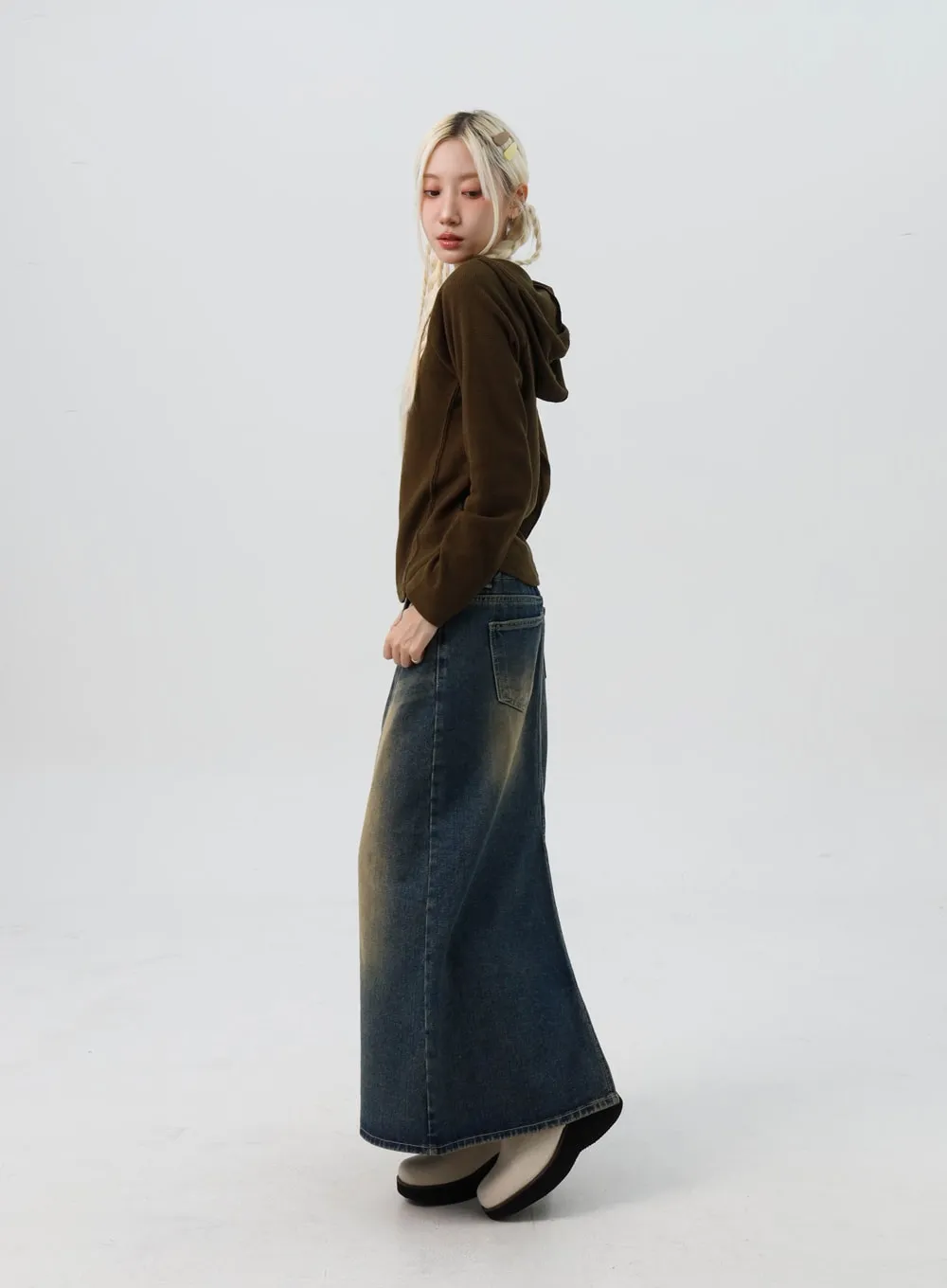 Washed Denim Maxi Flair Skirt IS307