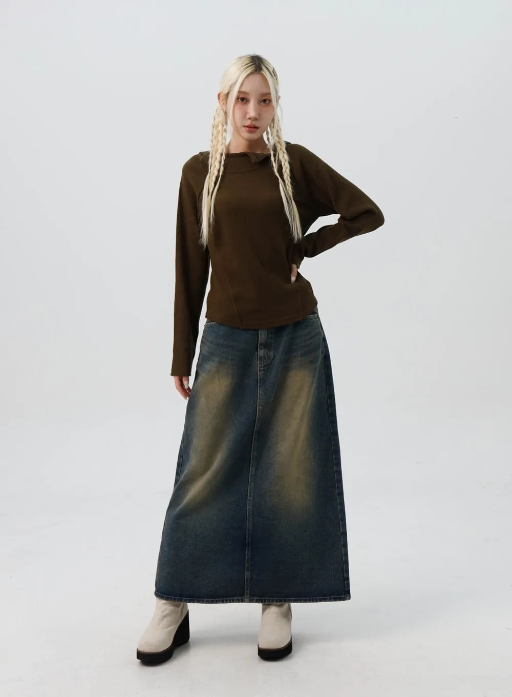 Washed Denim Maxi Flair Skirt IS307