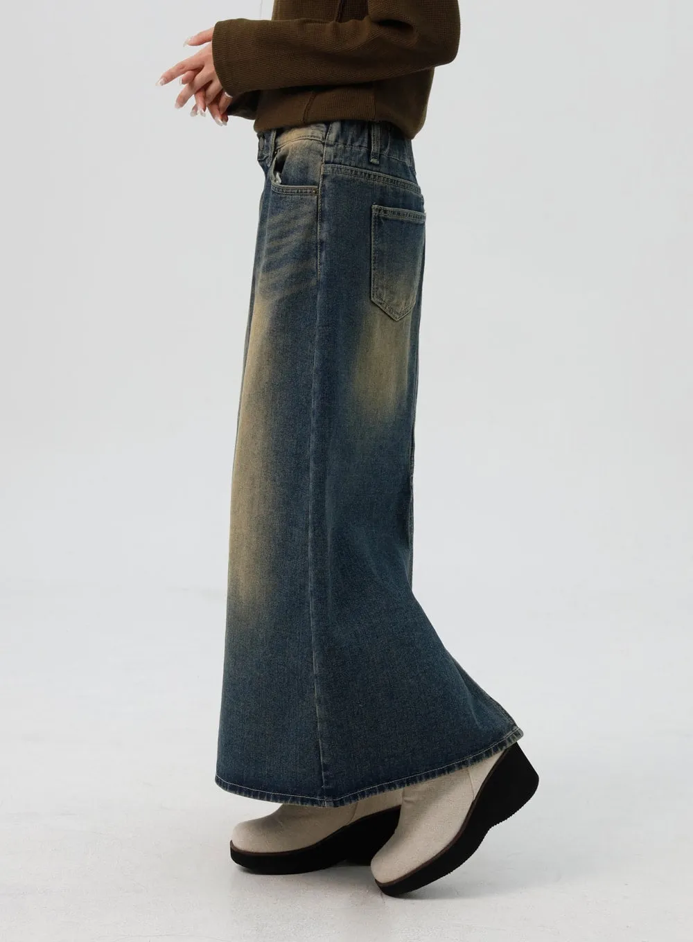 Washed Denim Maxi Flair Skirt IS307