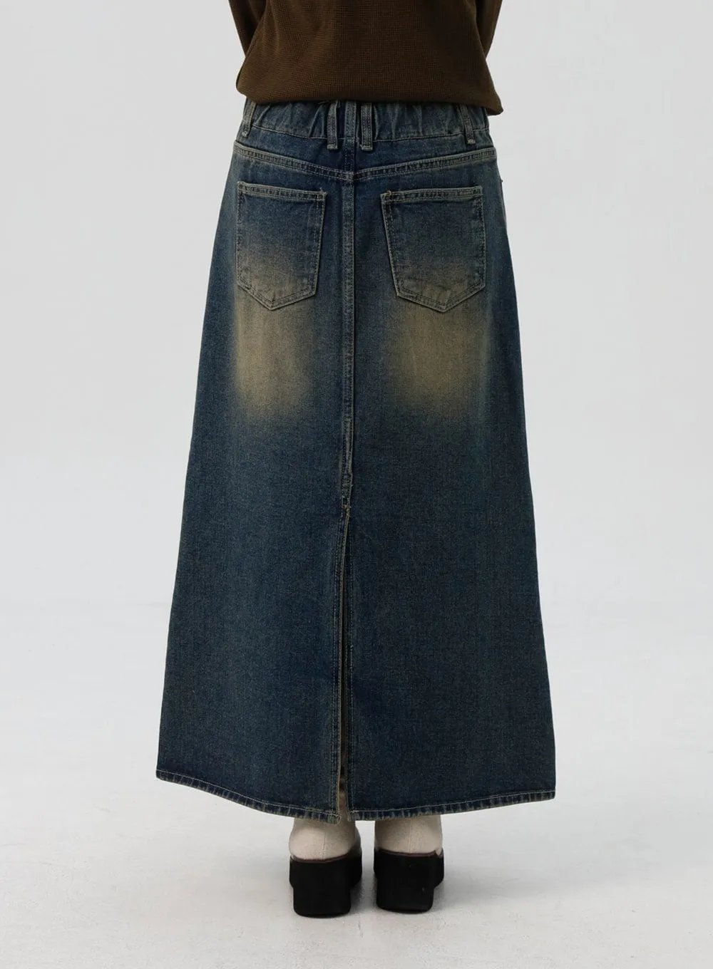 Washed Denim Maxi Flair Skirt IS307