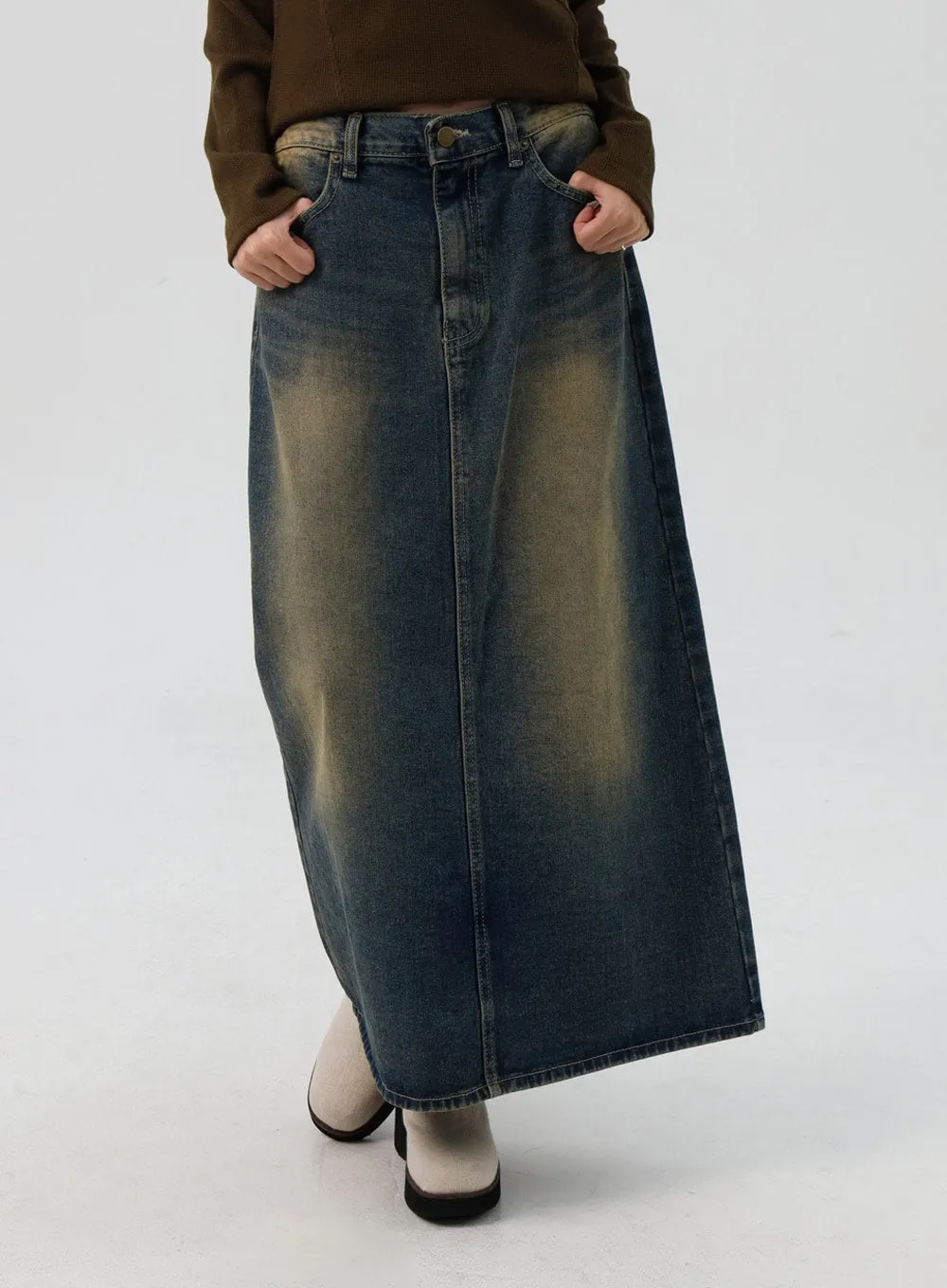 Washed Denim Maxi Flair Skirt IS307