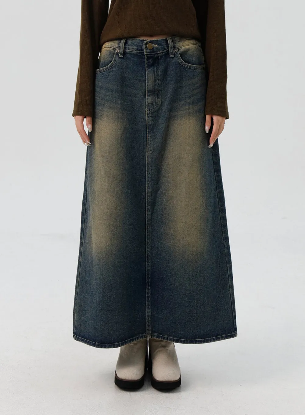 Washed Denim Maxi Flair Skirt IS307