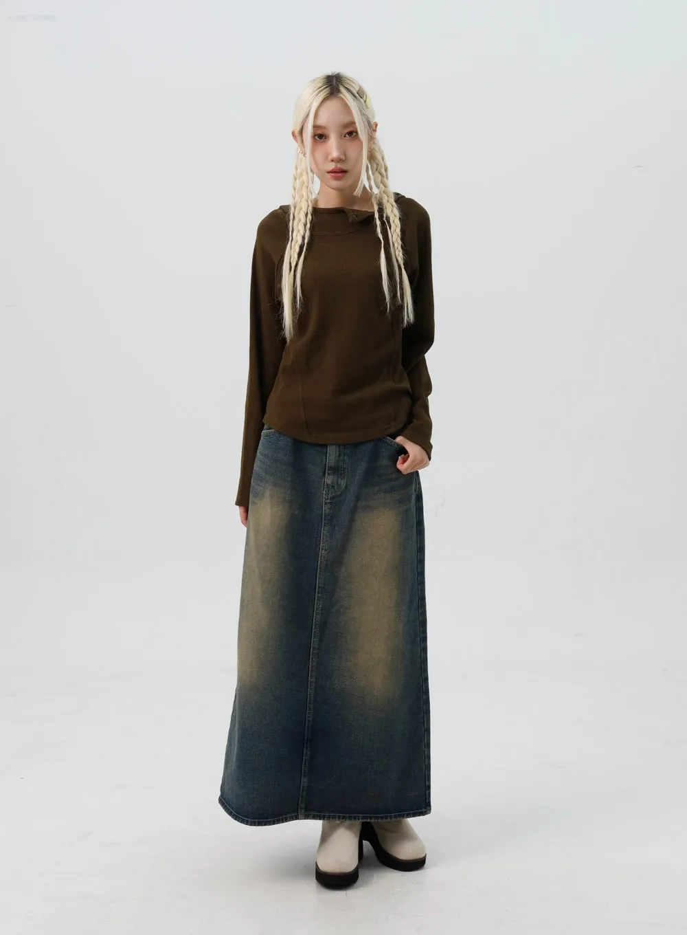 Washed Denim Maxi Flair Skirt IS307