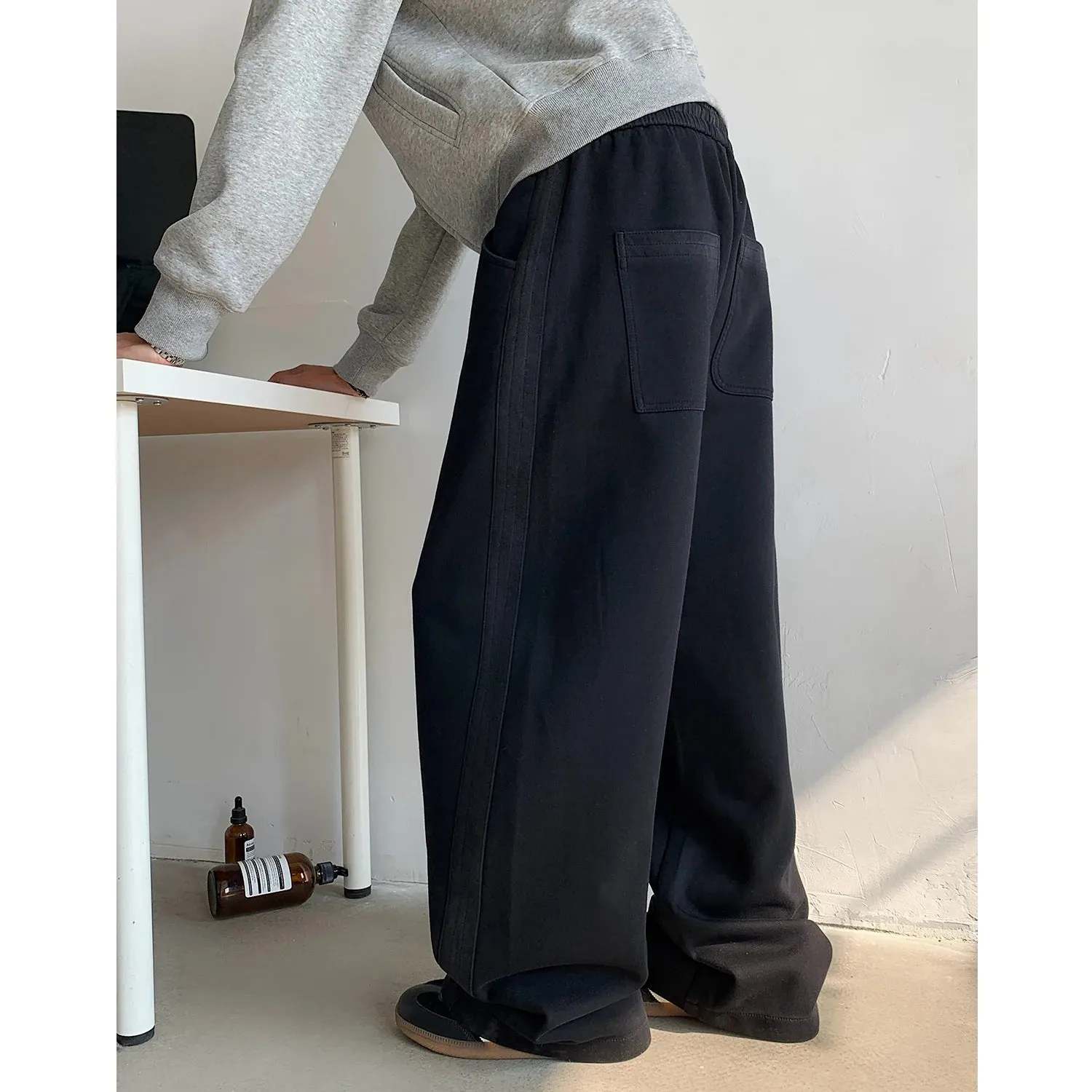 Wiaofellas  -  Winter New Men's Tie-dye Fleece Casual Pants Side Striped Wide Leg Straight Sweatpants Neutral High-quality Long Baggy Trousers