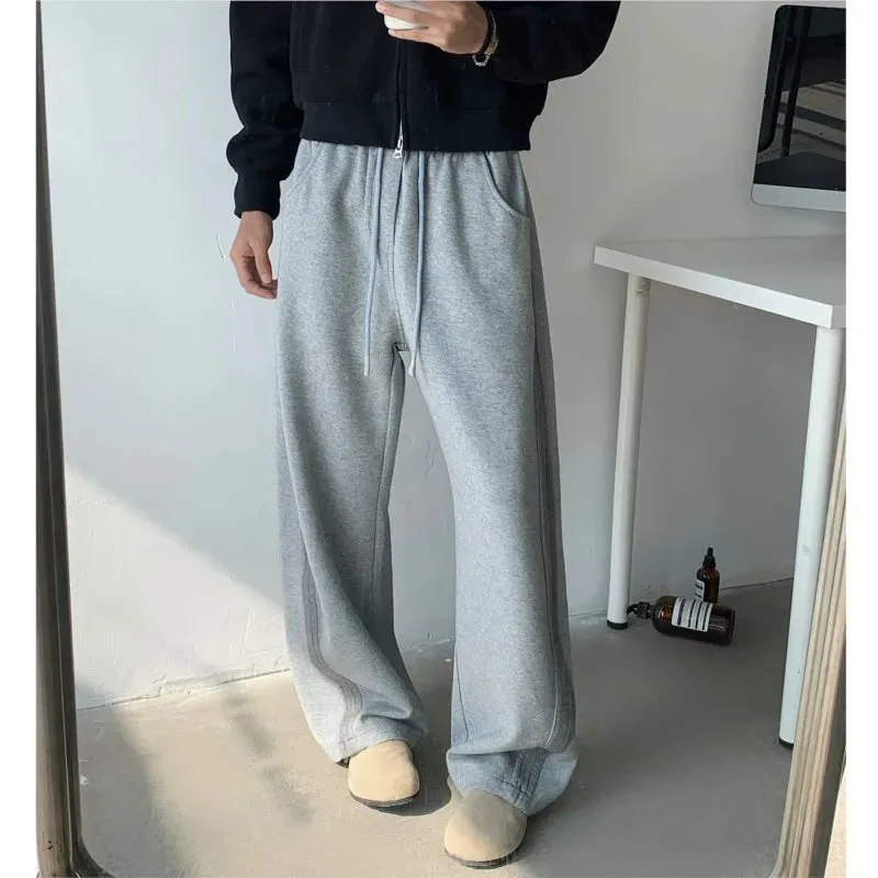 Wiaofellas  -  Winter New Men's Tie-dye Fleece Casual Pants Side Striped Wide Leg Straight Sweatpants Neutral High-quality Long Baggy Trousers