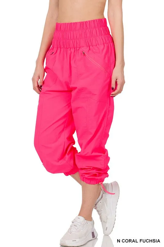 Windbreaker Smocked High Waistband Jogger Pants