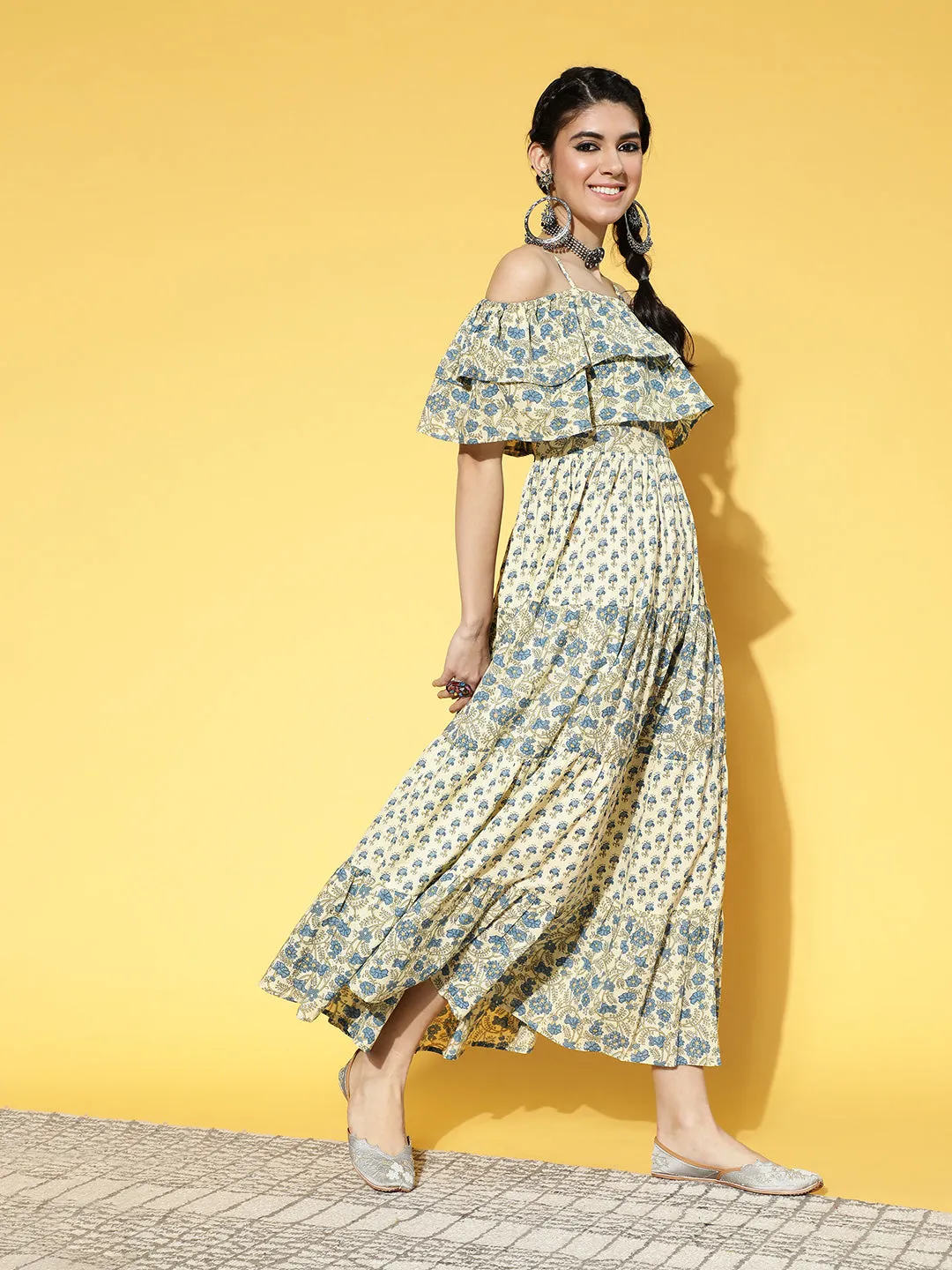 Women Beige & Blue Ethnic Motifs Printed Off-Shoulder Pure Cotton Tiered Maxi Dress