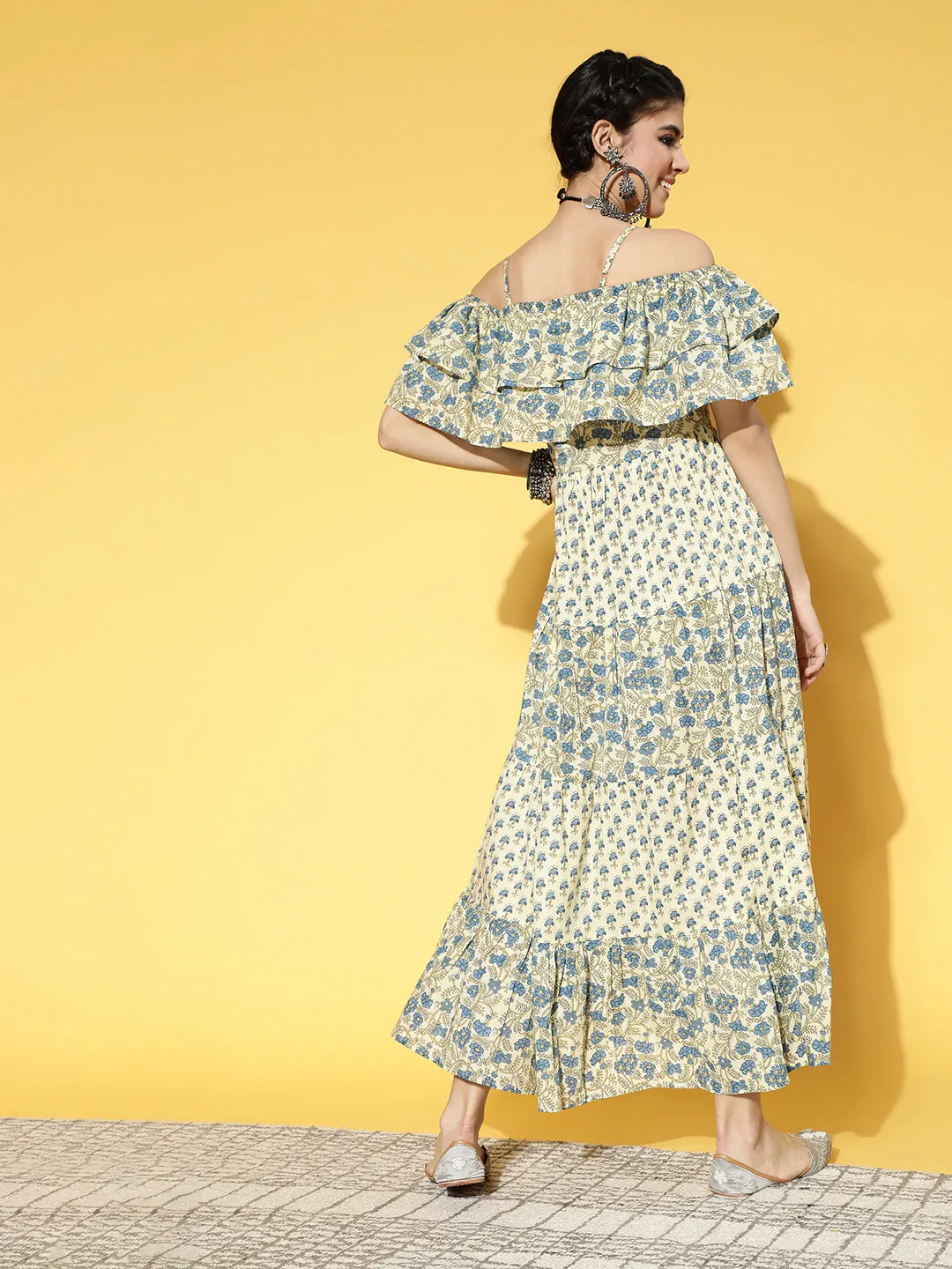 Women Beige & Blue Ethnic Motifs Printed Off-Shoulder Pure Cotton Tiered Maxi Dress