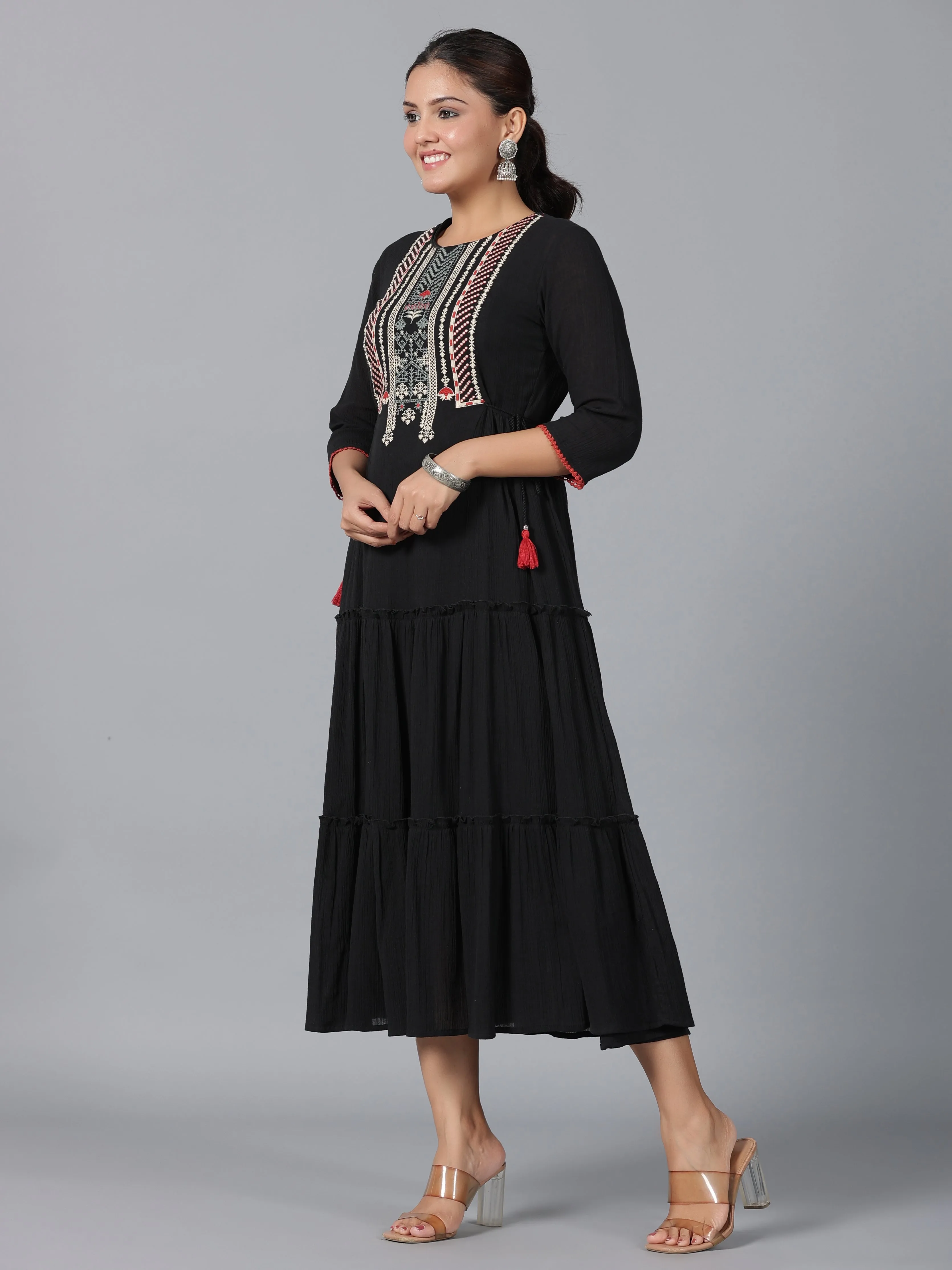 Women Black Cotton Crepe Embroidered Tiered Maxi Dress