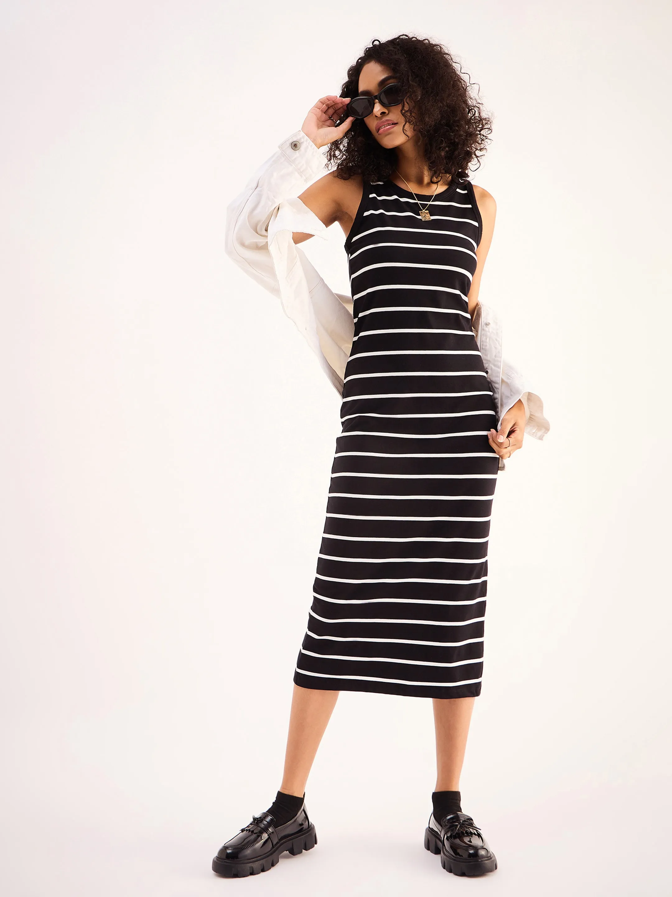 Women Black White Stripe Midi Dress