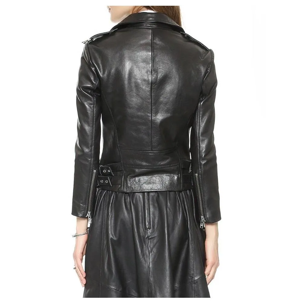 WOMEN GENUINE LAMBSKIN LEATHER BIKER JACKET BLACK ZIPPER BIKER JACKET