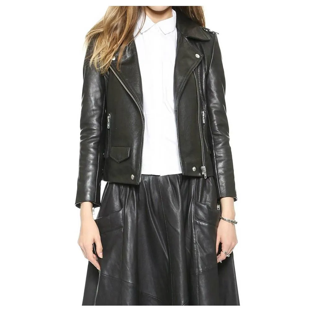 WOMEN GENUINE LAMBSKIN LEATHER BIKER JACKET BLACK ZIPPER BIKER JACKET