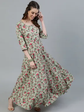 Women Green Floral Printed Maxi Dress With Three Quarter Sleeves