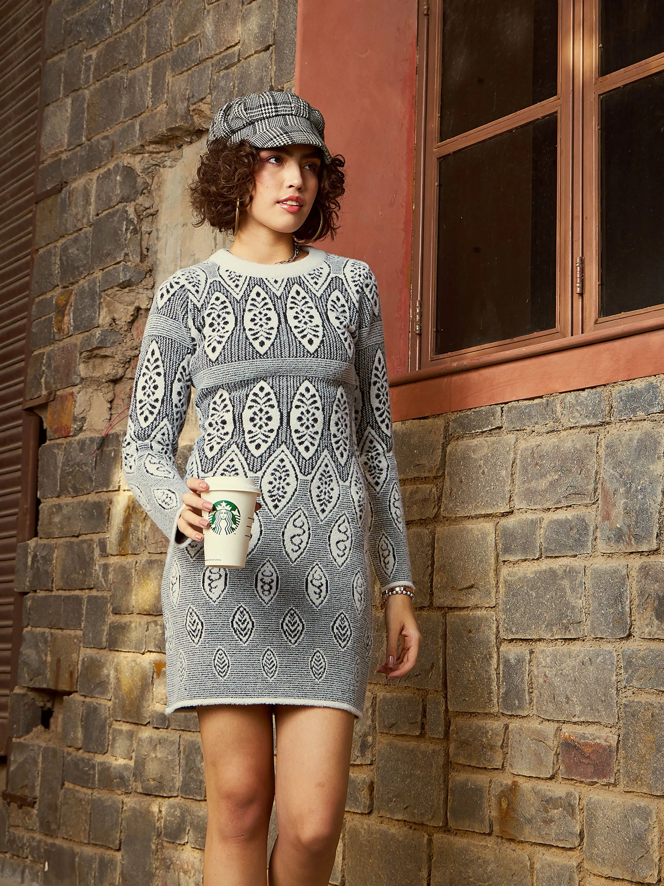 Women Grey & Black Geo Woolen Sweater Dress