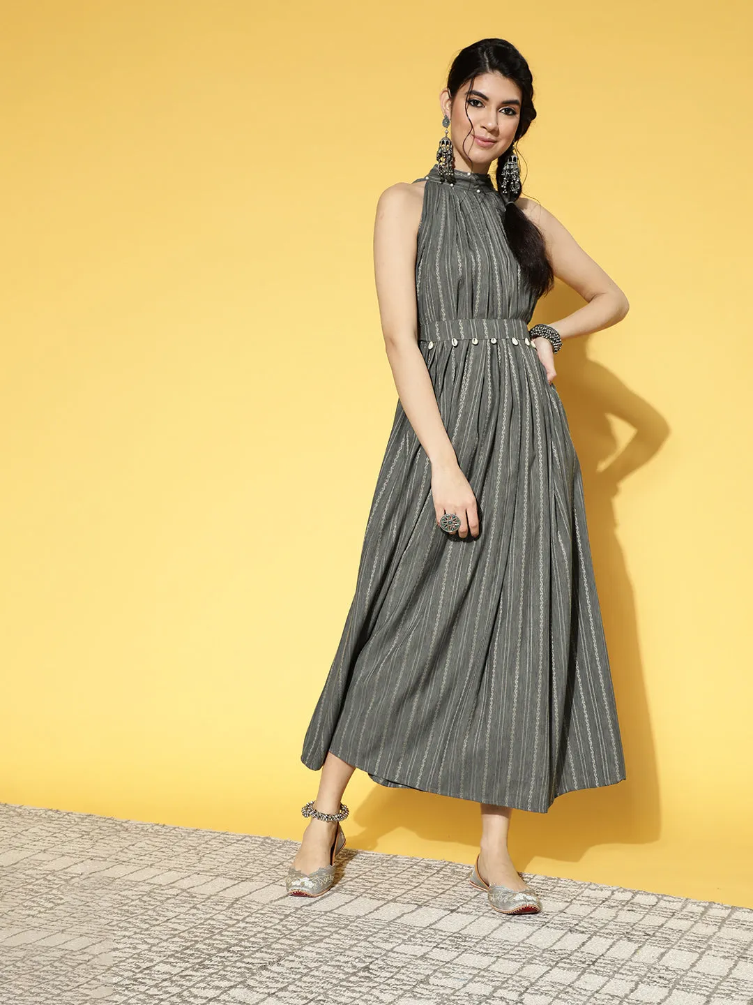 Women Grey & Off-White Striped Pure Cotton Fit & Flare Dress With Halter Neck