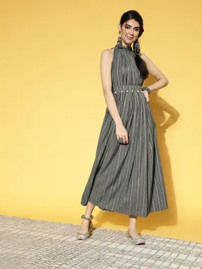 Women Grey & Off-White Striped Pure Cotton Fit & Flare Dress With Halter Neck