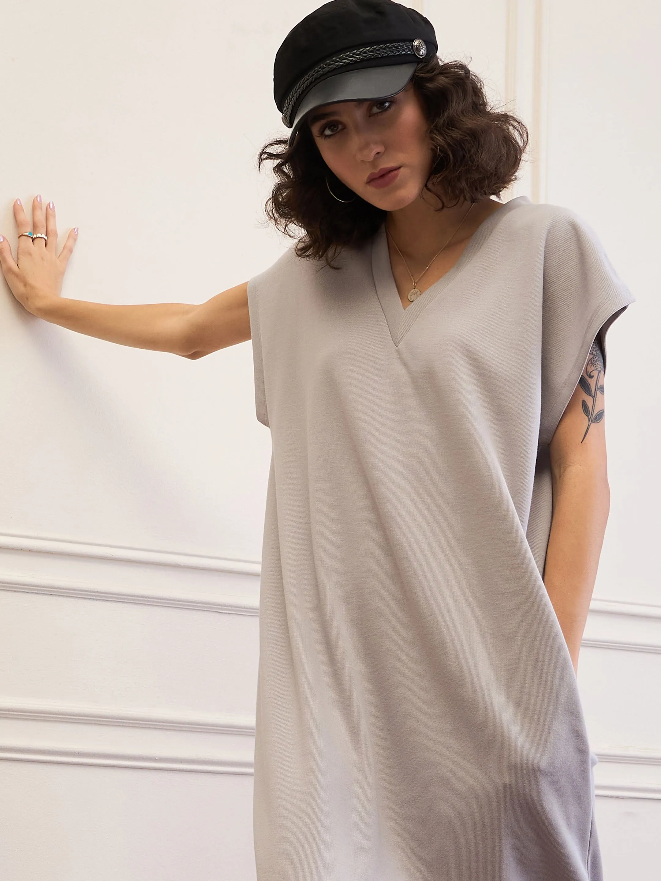 Women Grey V-Neck Sweater Dress