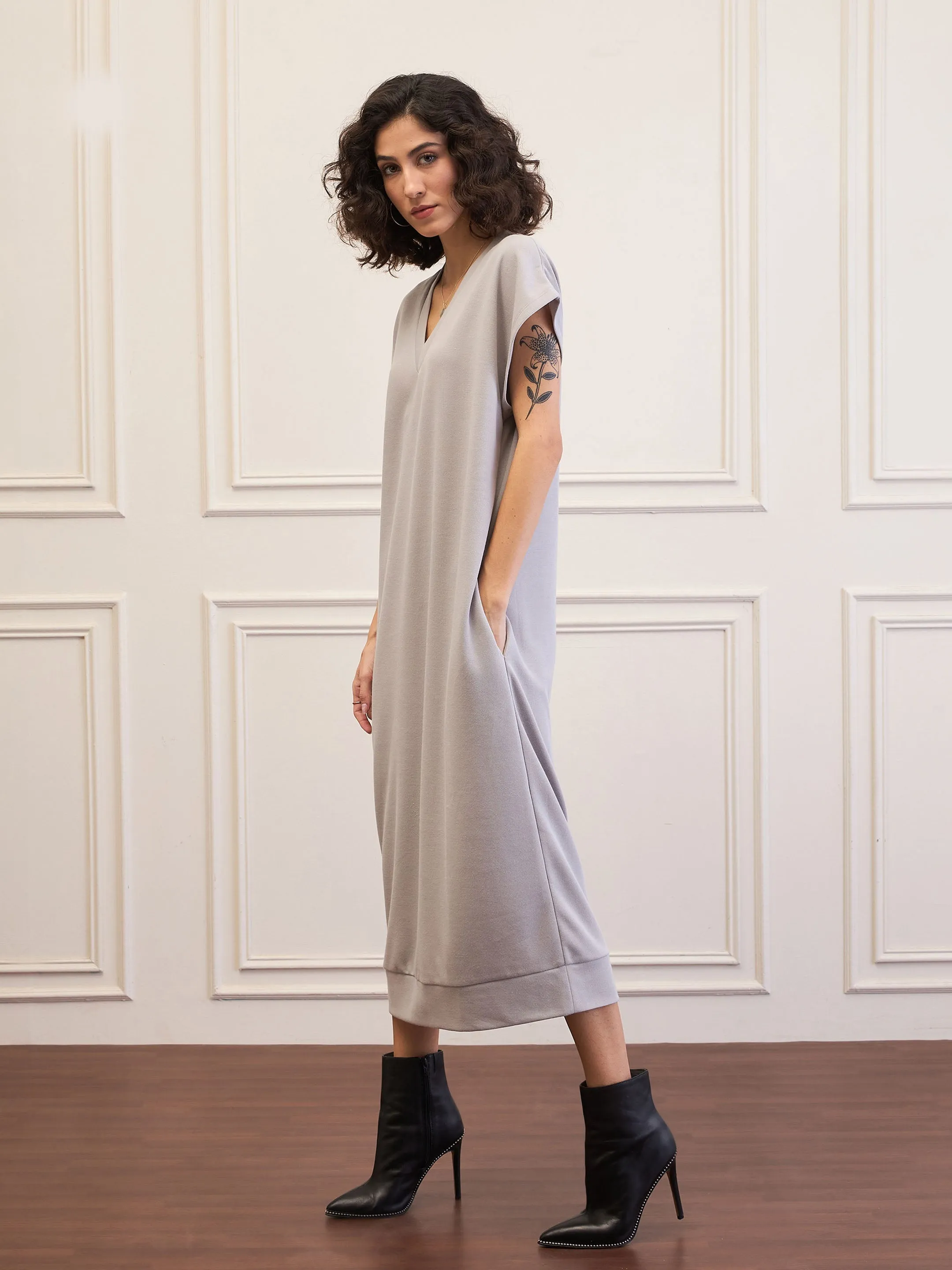 Women Grey V-Neck Sweater Dress