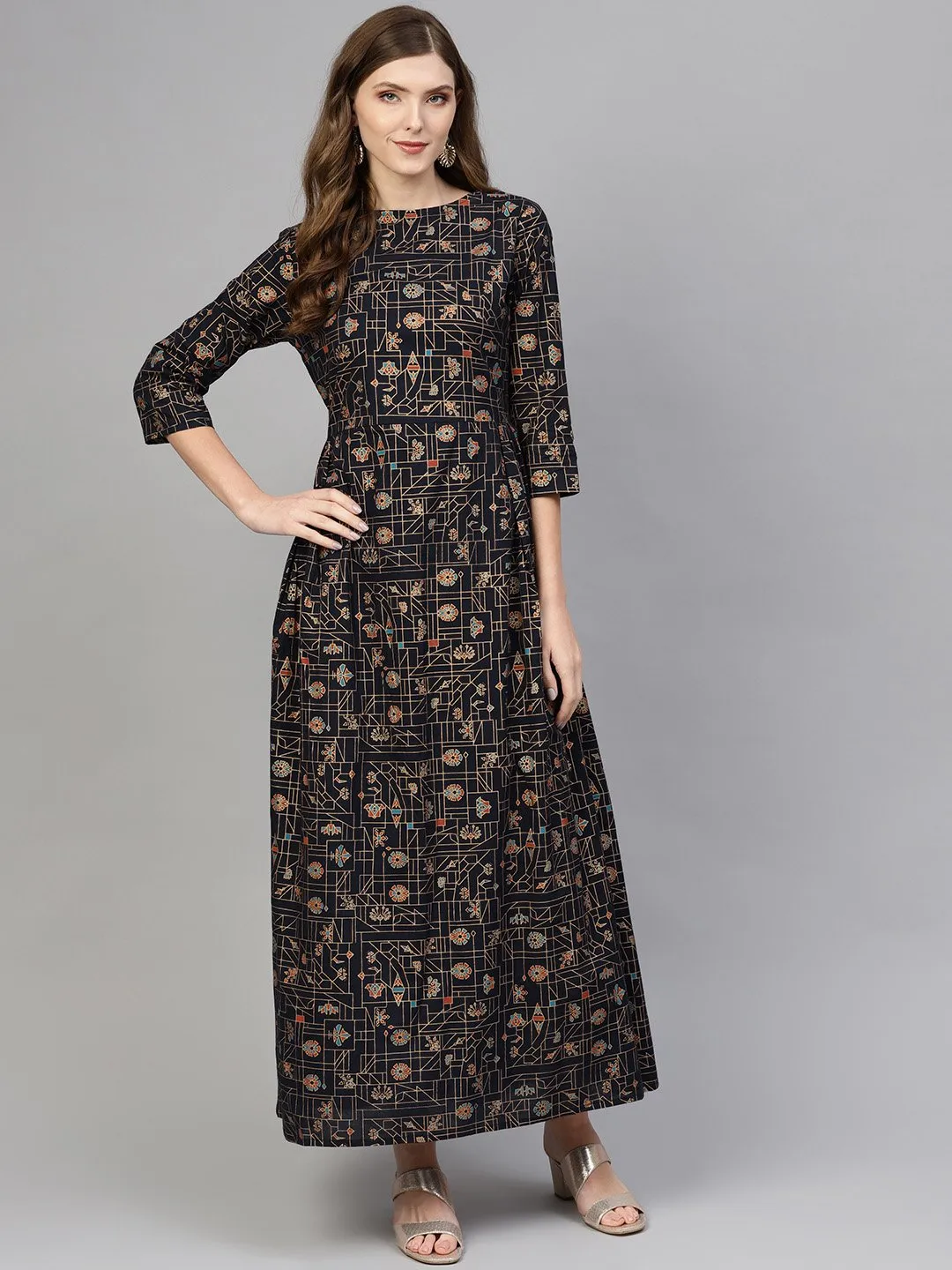 Women Navy Blue & Golden Printed Maxi Dress