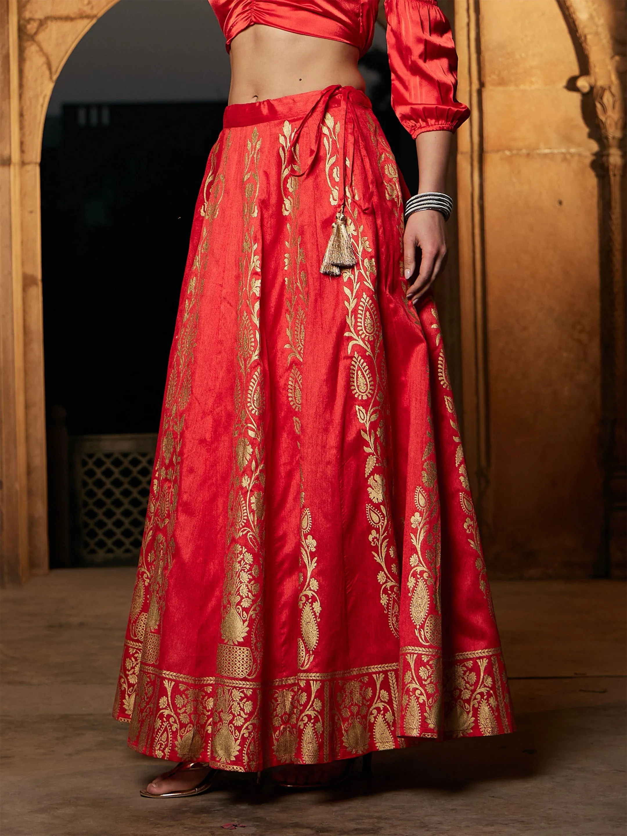 Women Orange Foil Print Anarkali Skirt