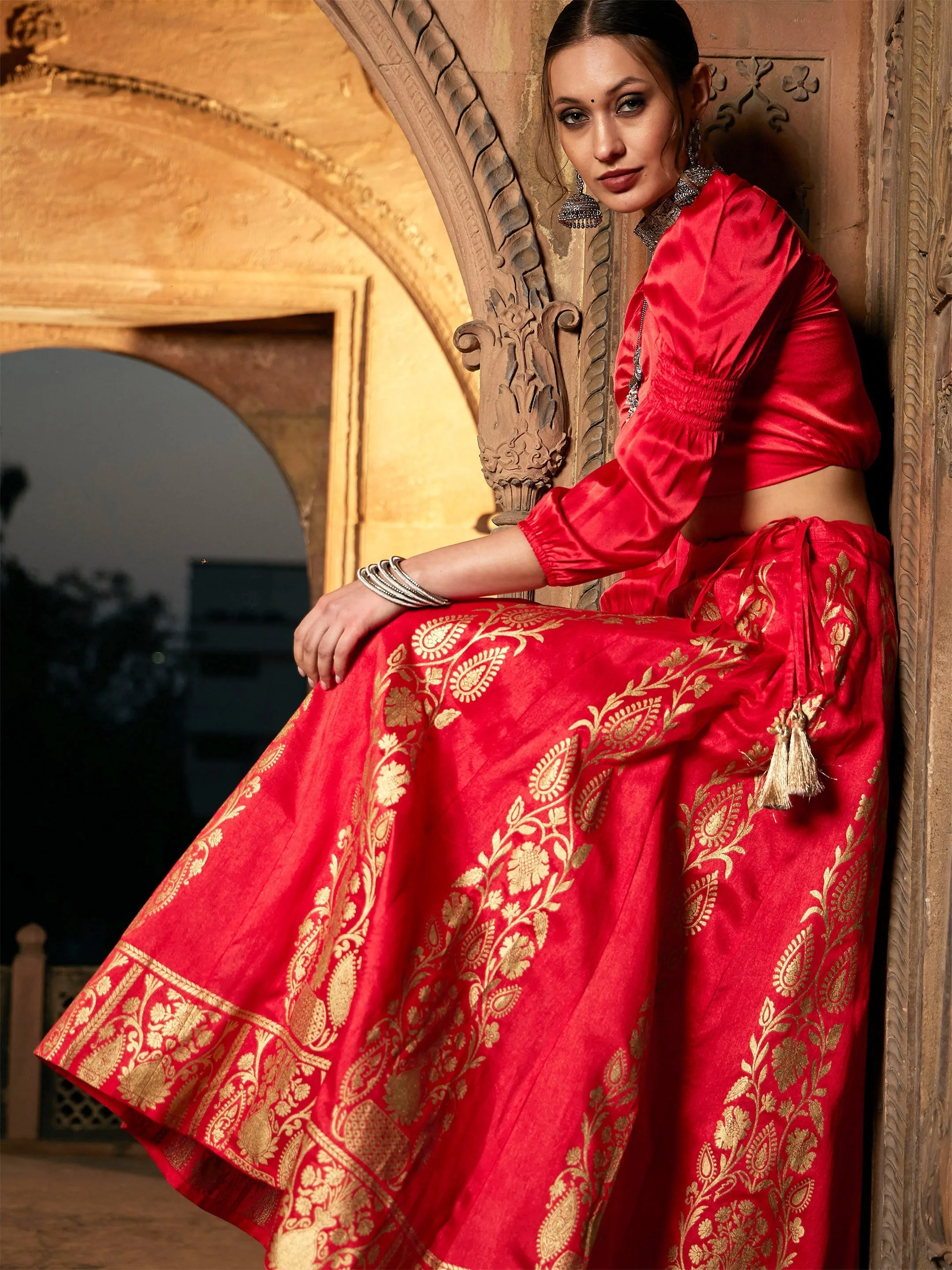 Women Orange Foil Print Anarkali Skirt