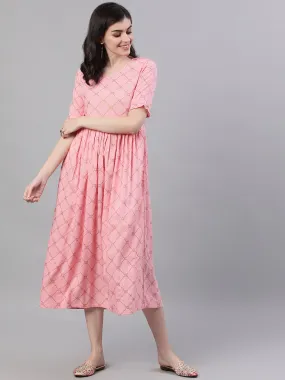 Women Pink Checked Checked V-Neck Viscose Rayon Maxi Dress