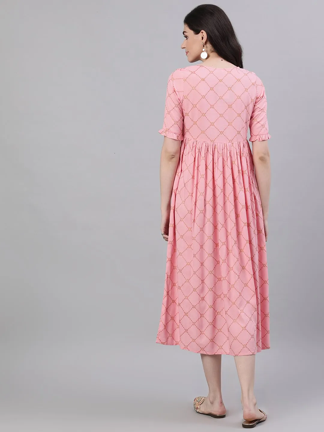 Women Pink Checked Checked V-Neck Viscose Rayon Maxi Dress