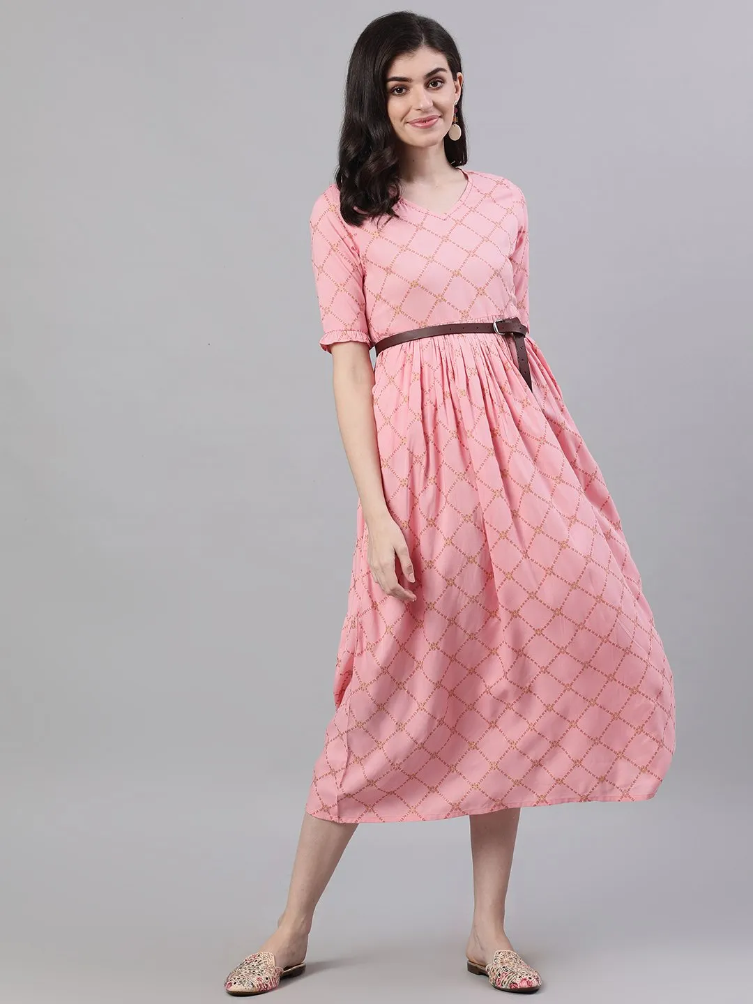 Women Pink Checked Checked V-Neck Viscose Rayon Maxi Dress