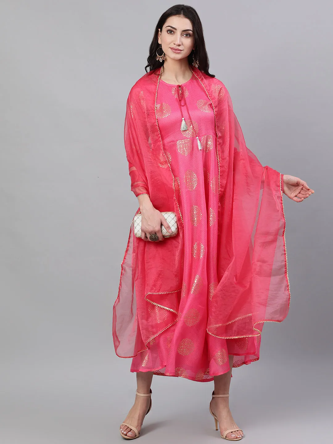 Women Pink Ethnic Motifs Printed Tie-Up Neck Cotton Maxi Dress With Dupatta