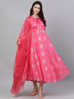 Women Pink Ethnic Motifs Printed Tie-Up Neck Cotton Maxi Dress With Dupatta