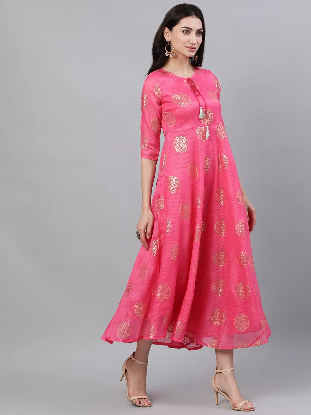 Women Pink Ethnic Motifs Printed Tie-Up Neck Cotton Maxi Dress With Dupatta